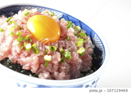 小葱と卵黄が乗っているマグロのたたき丼を白背景で撮影 小葱と卵黄が乗っているマグロのたたき丼を白背景で撮影 107129469
