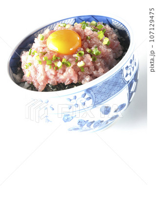 小葱と卵黄が乗っているマグロのたたき丼を白背景で撮影 107129475