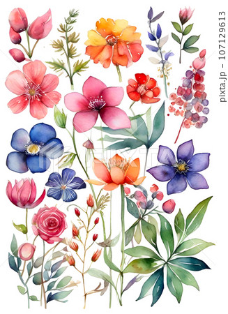 set of watercolor flowers and beauty of various floral species,generative ai 107129613