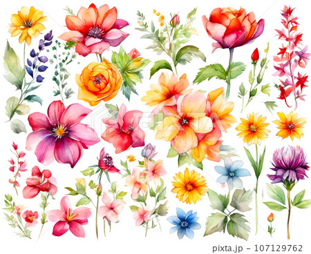 set of colorful flower vibrant watercolor on white background,generative ai set of colorful flower vibrant watercolor on white background,generative ai 107129762