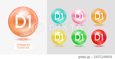 Vitamin D1 complex. Set of colorful balls multivitamins capsules minerals isolated on grey background. Dietary supplement for pharmacy advertisement, package design. Vector EPS10. 107129950