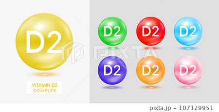 Vitamin D2 complex. Set of colorful balls multivitamins capsules minerals isolated on grey background. Dietary supplement for pharmacy advertisement, package design. Vector EPS10. 107129951
