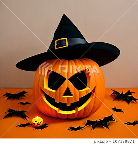 オレンジのカボチャと黒いコウモリとコピースペース オレンジのカボチャと黒いコウモリとコピースペース 107129971