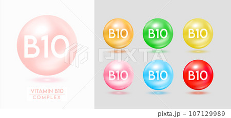 Vitamin B10 complex. Set of colorful balls multivitamins capsules minerals isolated on grey background. Dietary supplement for pharmacy advertisement, package design. Vector EPS10. Vitamin B10 complex. Set of colorful balls multivitamins capsules minerals isolated on grey background. Dietary supplement for pharmacy advertisement, package design. Vector EPS10. 107129989