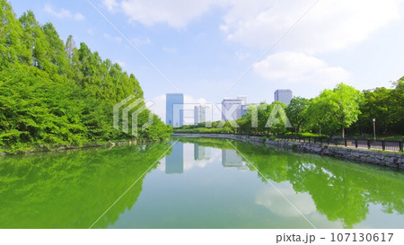 大阪城の堀水面を水鏡として映る木々とビル群 2023-08-21 大阪城の堀水面を水鏡として映る木々とビル群 2023-08-21 107130617