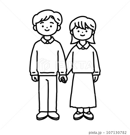 手を繋いでいる男性と女性・線画 107130782