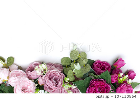 floral background. A long floral banner. Floristics. Purple and green. Colorful bouquet in cool colors. 107130964