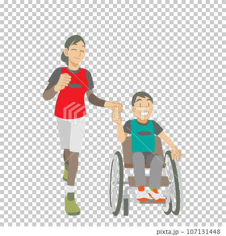 輪椅上的孩子和母親享受跑步 107131448