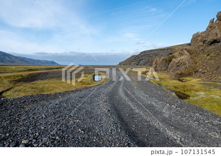 Rugged dirt and lava road in Fjallabak Nature Reserve in Iceland highlands. 107131545