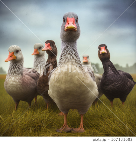 Group of geese in the meadow, vintage photo effect. Group of geese in the meadow, vintage photo effect. 107131682