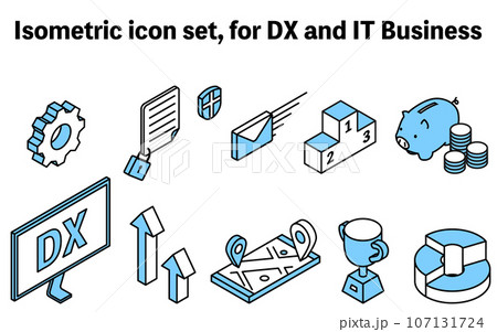 DXやITビジネスに使えるシンプルなアイソメトリックアイコンセット 107131724
