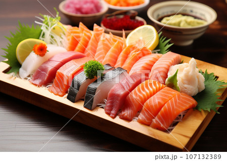 新鮮なお刺身の盛り合わせ:AI生成画像 新鮮なお刺身の盛り合わせ:AI生成画像 107132389