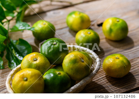 秋の味覚 とっても甘くておいしい早生みかん 温州みかん ( 青と黄色がまざりつつある蜜柑 ）早生蜜柑 107132486