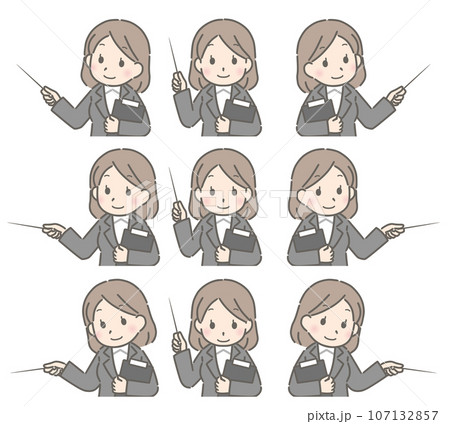 色々な方向を指す若い女性(スーツ) 色々な方向を指す若い女性(スーツ) 107132857