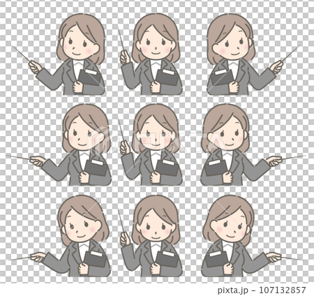 色々な方向を指す若い女性(スーツ) 色々な方向を指す若い女性(スーツ) 107132857