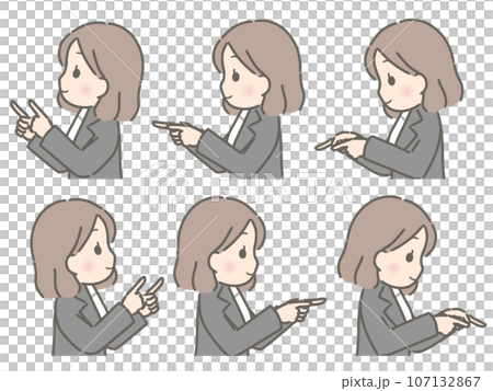 A young woman pointing in various directions with both hands (sideways, suit) A young woman pointing in various directions with both hands (sideways, suit) 107132867
