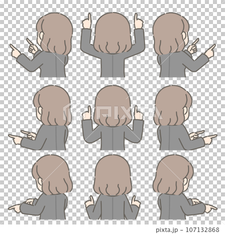 A young woman pointing in various directions with both hands (facing backwards, in a suit) A young woman pointing in various directions with both hands (facing backwards, in a suit) 107132868