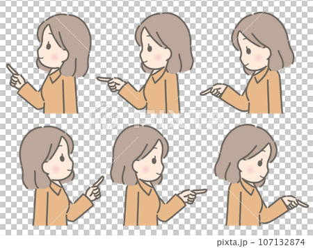 色々な方向を指さす若い女性(横向き、私服) 色々な方向を指さす若い女性(横向き、私服) 107132874