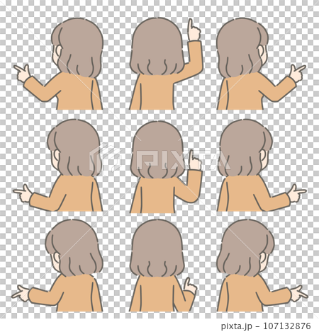 A young woman pointing in various directions (facing backwards, plain clothes) A young woman pointing in various directions (facing backwards, plain clothes) 107132876