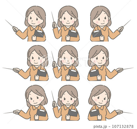 色々な方向を指す若い女性（私服） 107132878