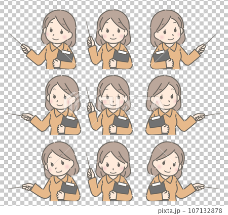 色々な方向を指す若い女性（私服） 107132878