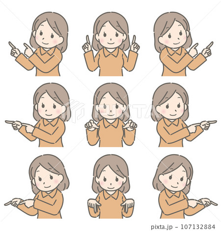 色々な方向を両手で指さす若い女性(私服) 色々な方向を両手で指さす若い女性(私服) 107132884