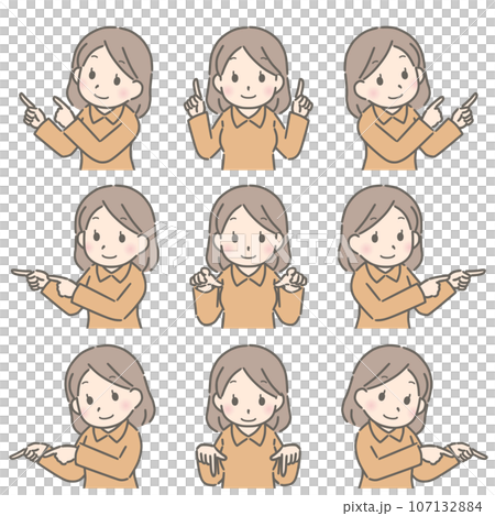 色々な方向を両手で指さす若い女性(私服) 色々な方向を両手で指さす若い女性(私服) 107132884
