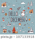Lettering hello december card. New Year and Christmas bundle cartoon style. 107133918