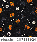 Halloween seamless pattern of pumpkins, skulls, witch hats, bats and bones on a black background 107133920