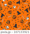 Halloween seamless pattern of pumpkins, skulls, witch hats, bats and bones on a orange background 107133921