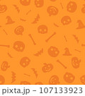 Halloween seamless pattern of pumpkins, skulls, witch hats, bats and bones on a orange background 107133923