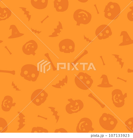 Halloween seamless pattern of pumpkins, skulls, witch hats, bats and bones on a orange background 107133923