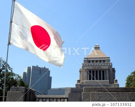たなびく日本国旗と国会議事堂 107133932