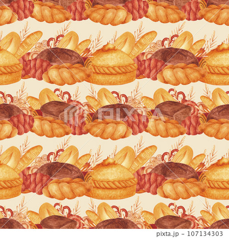Hand drawn watercolor bakery seamless pattern. Isolated on grey background. Can be used for Scrapbook, textile, gift-wrapping, banner and any printed products. Hand drawn watercolor bakery seamless pattern. Isolated on grey background. Can be used for Scrapbook, textile, gift-wrapping, banner and any printed products. 107134303