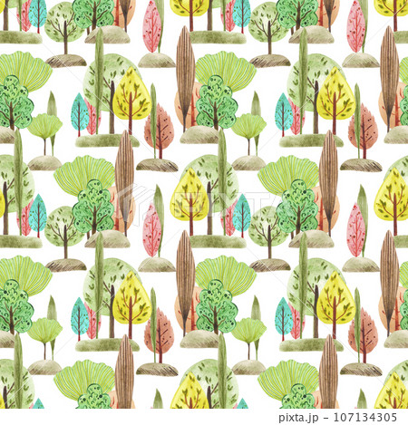 Hand drawn watercolor autumn forest seamless pattern isolated on white background. Can be used for children textile, wrapping paper, fabric and other printed products. Hand drawn watercolor autumn forest seamless pattern isolated on white background. Can be used for children textile, wrapping paper, fabric and other printed products. 107134305