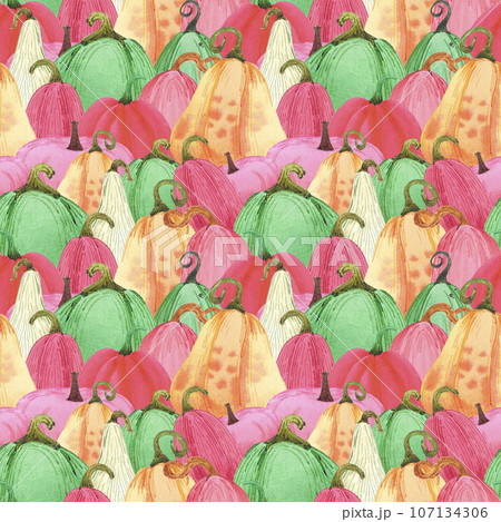 Hand drawn watercolor autumn pumpkin field seamless pattern isolated on black background. Can be used for textile, Scrapbook, fabric and other printed products. 107134306