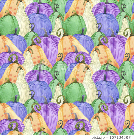 Hand drawn watercolor autumn pumpkin field seamless pattern isolated on black background. Can be used for textile, Scrapbook, fabric and other printed products. 107134307