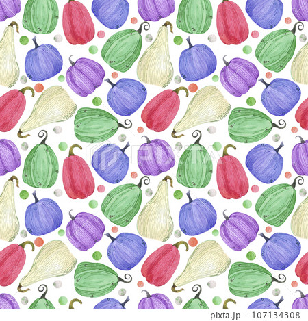 Hand drawn watercolor autumn colorful pumpkin seamless pattern isolated on white background. Can be used for textile, Scrapbook, fabric and other printed products. 107134308