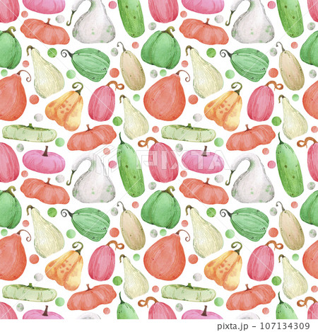 Hand drawn watercolor autumn pumpkin seamless pattern isolated on white background. Can be used for textile, Scrapbook, fabric and other printed products. 107134309