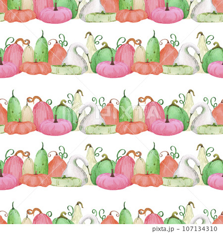 Hand drawn watercolor autumn pumpkin seamless pattern isolated on white background. Can be used for textile, Scrapbook, fabric and other printed products. 107134310