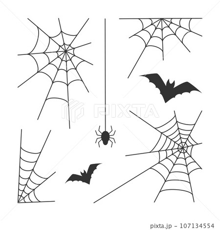 Vector illustration. Black silhouettes of a bat, spider and web on a white background. traditional halloween decorative elements for designer decor Vector illustration. Black silhouettes of a bat, spider and web on a white background. traditional halloween decorative elements for designer decor 107134554
