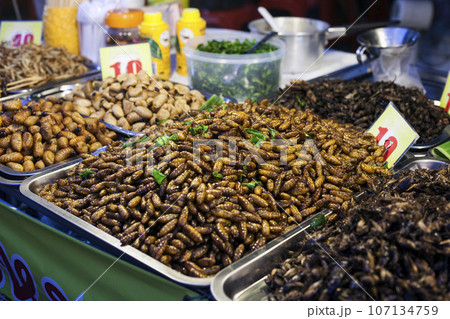 Thai food fried worms and insects, market Thai food fried worms and insects, market 107134759