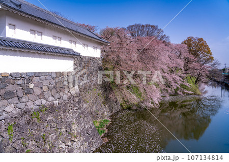 お堀に沿って線路のある山形県霞城公園内の山形城址東大手門 107134814