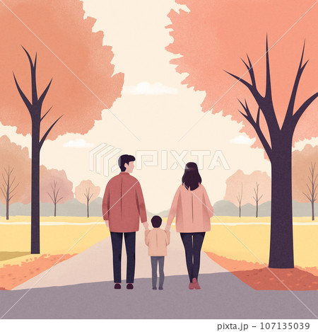 秋の公園で散歩している家族の姿 107135039