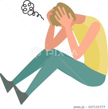 座り込んで頭をかかえる若い男性 107135777