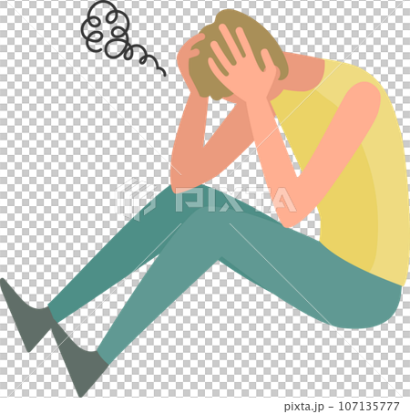 座り込んで頭をかかえる若い男性 107135777