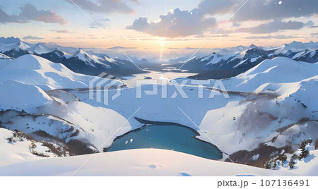 アニメ背景_ドローン空撮_冬の雪山_01 107136491