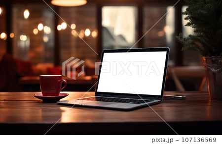 Laptop on desk with blank screen, Christmas tree and gifts in background, clipping path included. Festive home office. Laptop on desk with blank screen, Christmas tree and gifts in background, clipping path included. Festive home office. 107136569