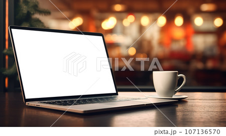 Laptop on desk with blank screen, Christmas tree and gifts in background, clipping path included. Festive home office. 107136570