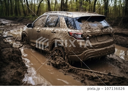 Off-road travel on dirty forest road. 107136826